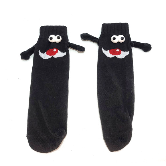 Silly Goofy Face 12" Ankle Black Socks w. Magnetic Clasping Hands Cute Fun Pair - Picture 1 of 3